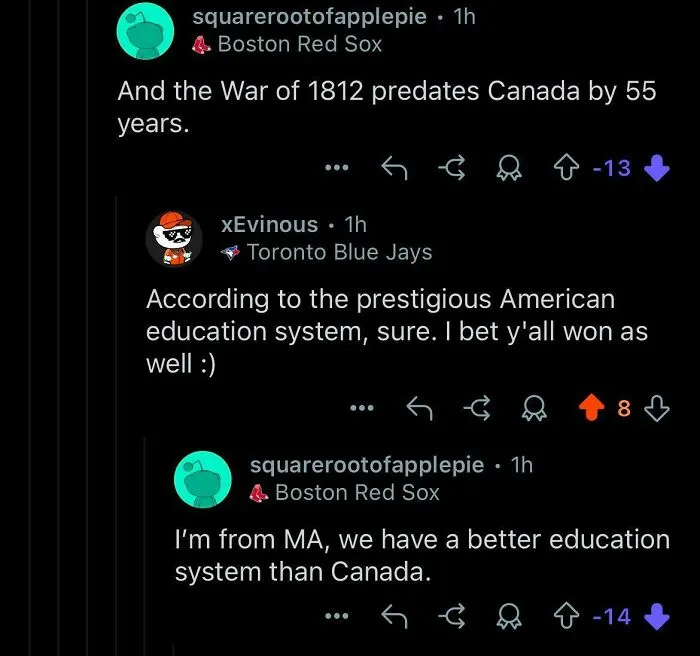 Reddit conversation roasting America’s history and education, showcasing Canada roasting America accurately and humorously.