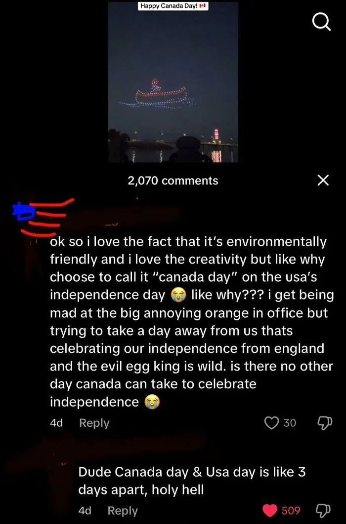 Drone lights form a canoe on Canada Day, sparking environmental and independence day debate in Canada roasting America.