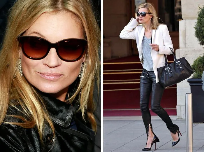 Fashion style icon wearing sunglasses and leather jacket in close-up, and walking in edgy black leather pants and heels.
