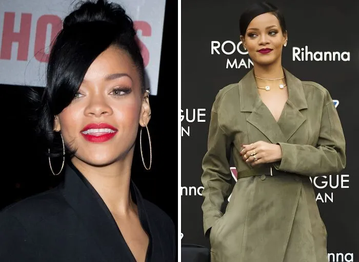 Rihanna, a style icon whose looks changed fashion forever, shown in elegant black and olive green outfits.