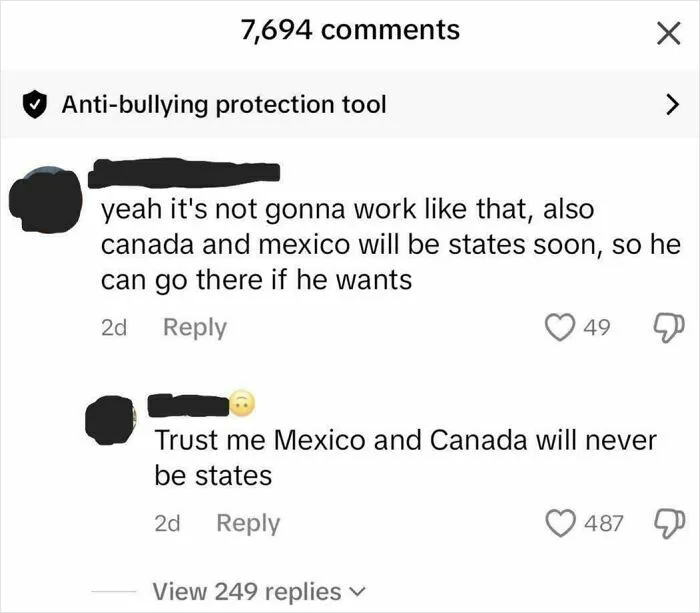 Screenshot of a social media comment thread discussing Canada and Mexico becoming US states, highlighting humor in Canada roasting America.