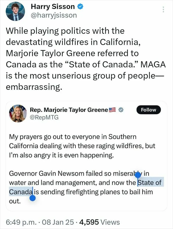 Screenshot of a tweet roasting America by calling Canada the State of Canada in wildfire relief discussion.