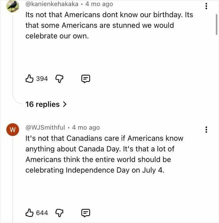 Screenshot of social media comments highlighting Canada roasting America about Independence Day and Canada Day celebrations.