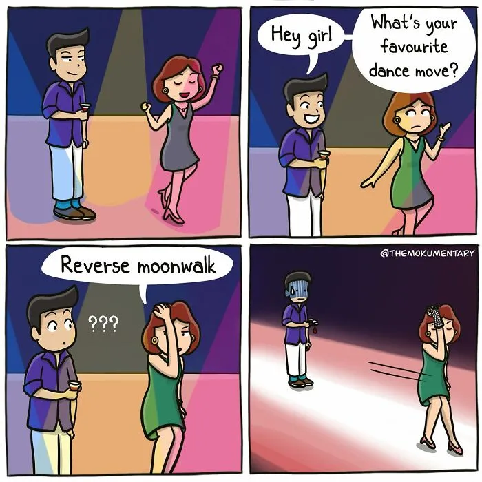 Couple at a party dancing and talking about favorite dance moves in a comic capturing randomness of everyday life.
