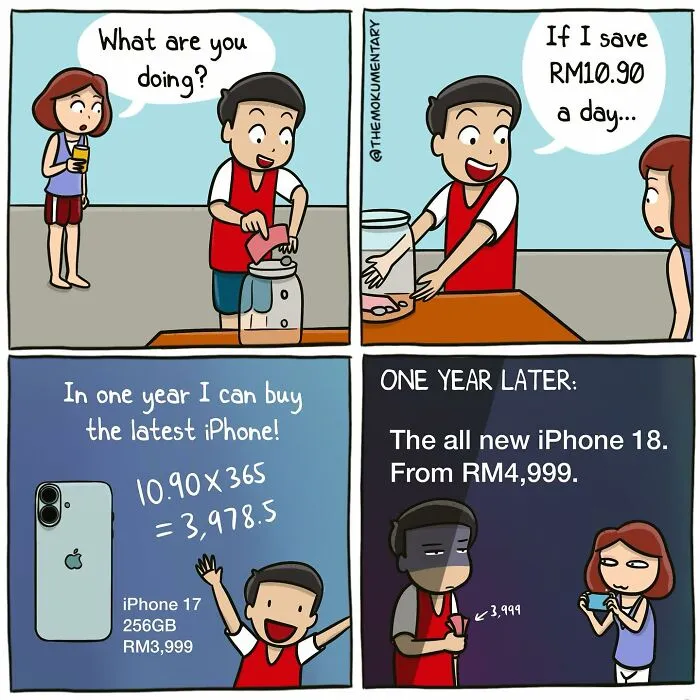 Comic strip showing a boy saving money daily to buy an iPhone, humorously capturing randomness of everyday life.