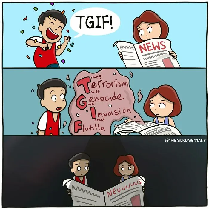 Comic illustrating the randomness of everyday life with changing emotions from joy to shock while reading the news.