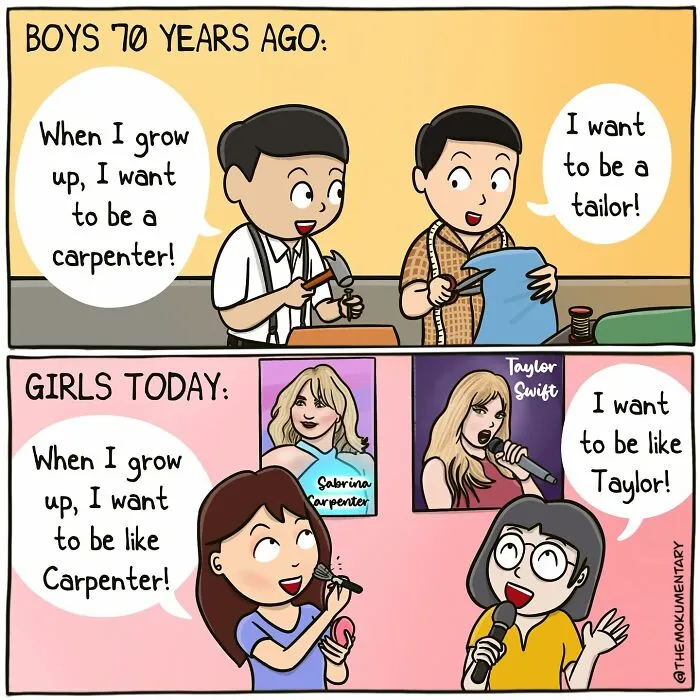 Cartoon comic illustrating changes in career dreams over time, capturing randomness of everyday life with humor and nostalgia.