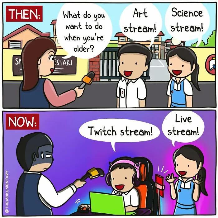 Comic showing changing interests from school art and science streams to Twitch and live streaming, capturing randomness of everyday life.