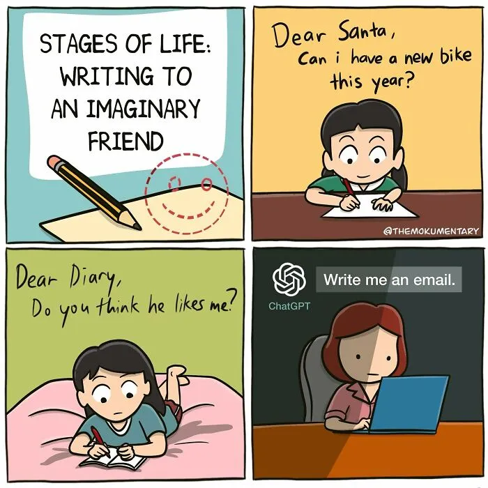 Comic illustrating the randomness of everyday life through writing to imaginary friends at different life stages.