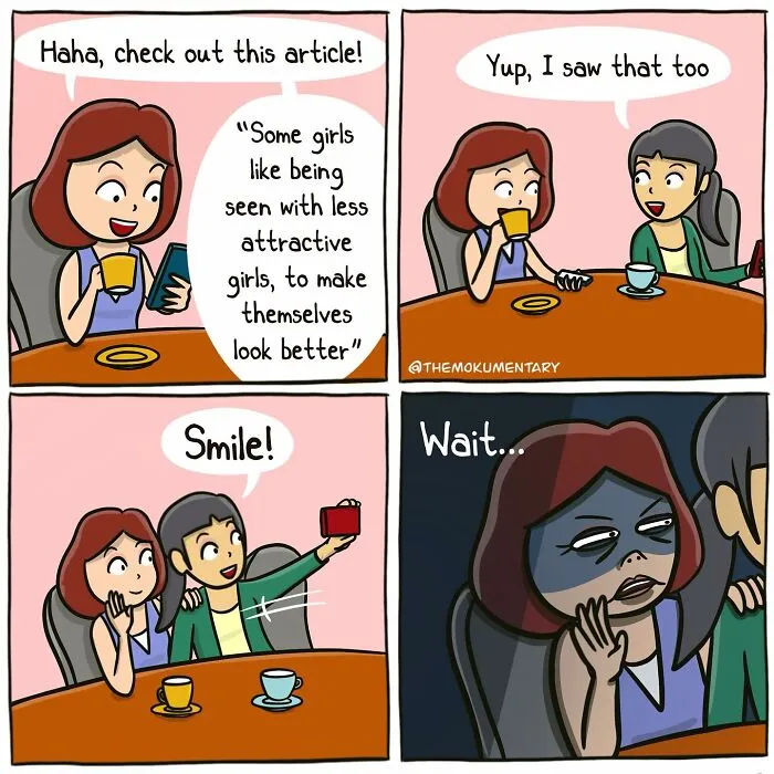 Two women chatting and taking a selfie in a comic strip capturing randomness of everyday life moments.
