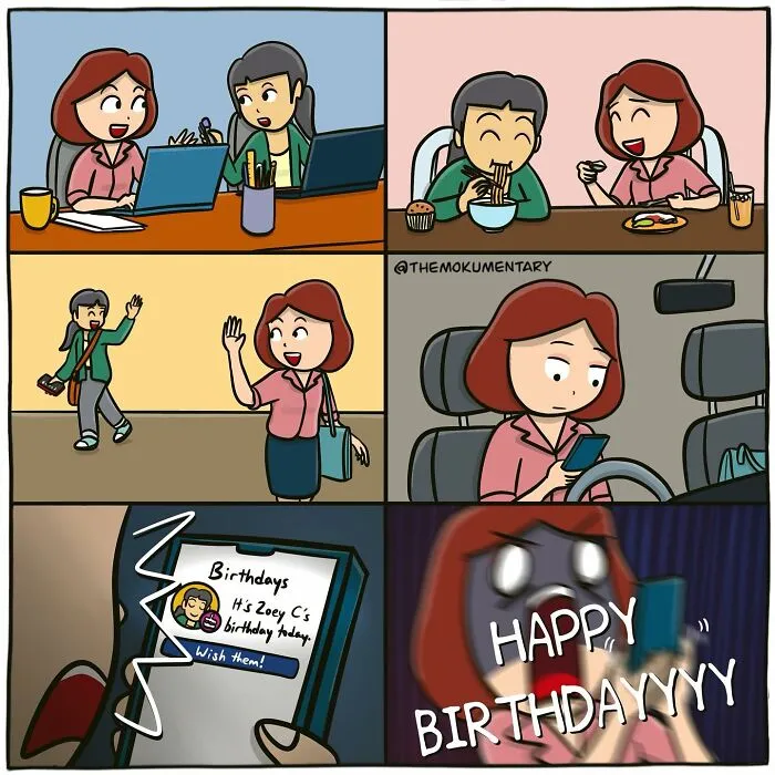 Comic panels showing everyday randomness including work, eating, waving goodbye, checking phone, and shouting happy birthday.