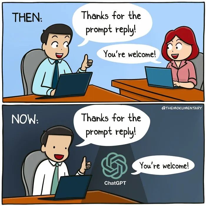 Comic illustrating the randomness of everyday life with a comparison of human and AI replies in office settings.