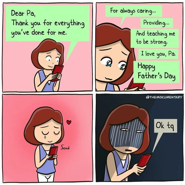 Comic illustrating everyday life randomness with a daughter texting a heartfelt Father's Day message to her dad.