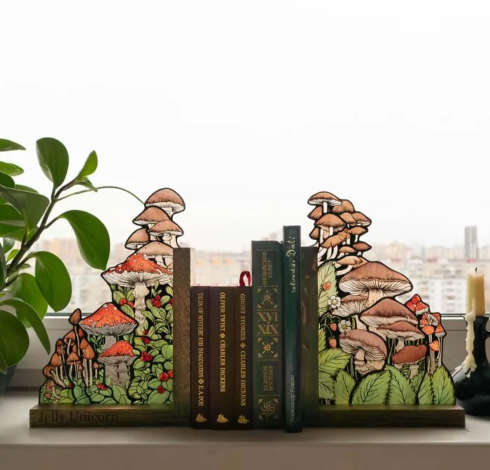 Handmade Stained Glass Book Ends With Mushrooms