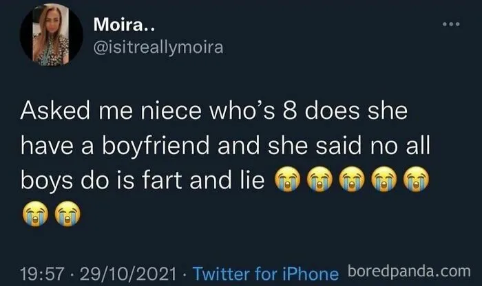 Tweet showing a funny meme about a niece saying boys only fart and lie, perfect for scrolling funny memes online.