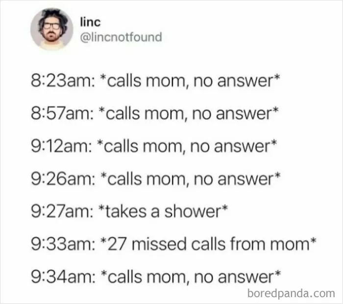 Text meme showing multiple missed calls to mom with humor, fitting funny memes to scroll for entertainment.
