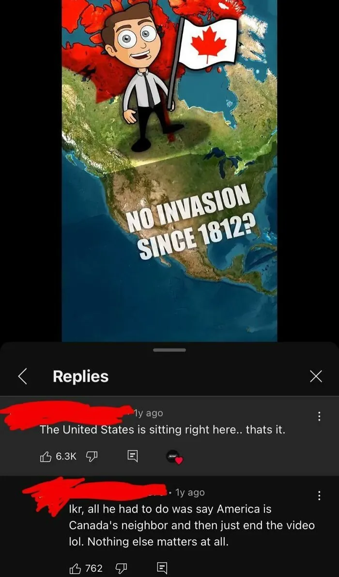 Cartoon man holding Canadian flag on North America map with text about no invasion since 1812, highlighting Canada roasted America.