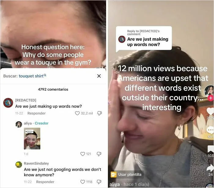 Person reacting to comments about different words in Canada vs America, highlighting Canada roasted America accurately online.