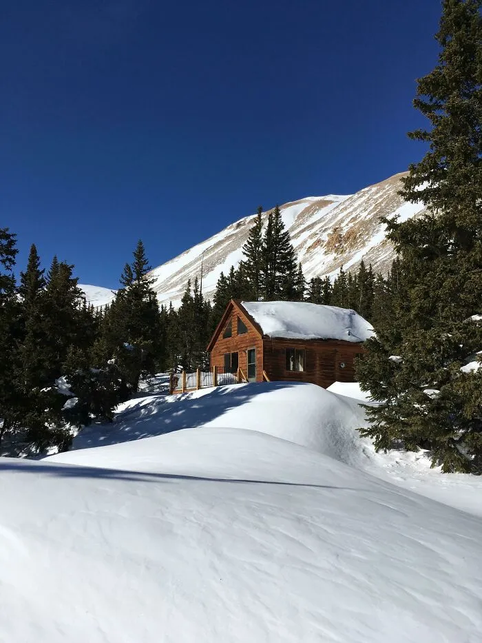 Cozy off-grid cabin nestled in snowy forest landscape with clear blue sky and mountain backdrop in winter setting.