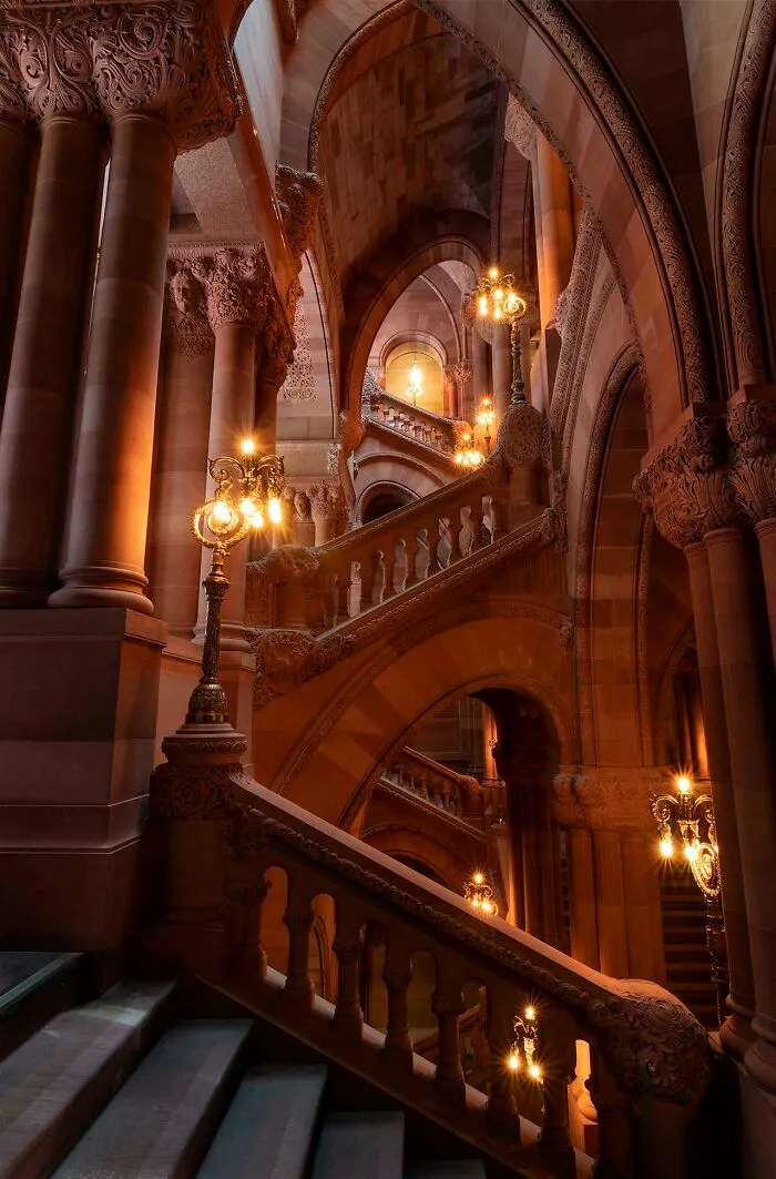 An Ornate Red Sandstone Staircase