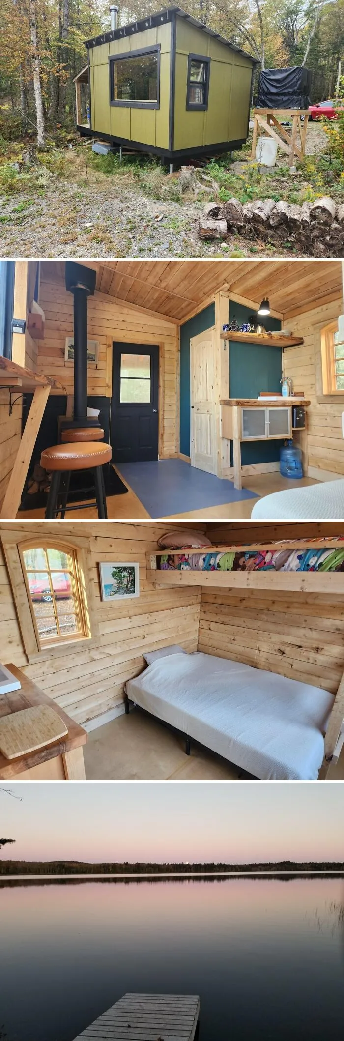 Cozy off-grid cabin exterior and interior with wood stove, bunk beds, rustic kitchen, and lake view at sunset.