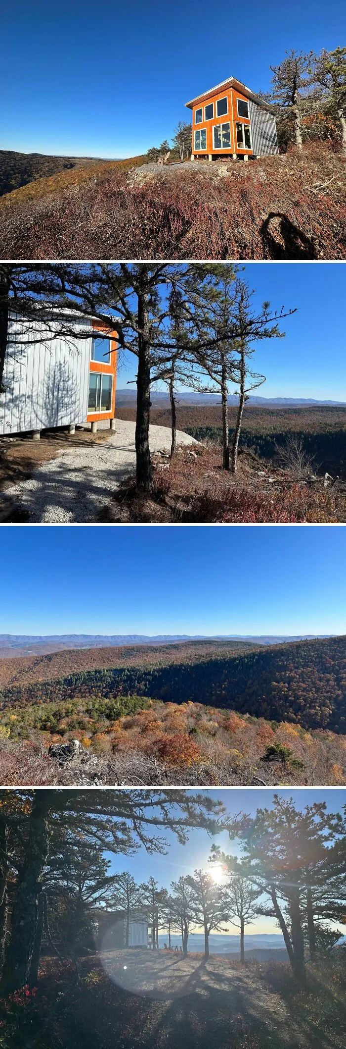 Cozy off-grid cabin perched on a hilltop with expansive forest views under clear blue skies in a remote natural setting.