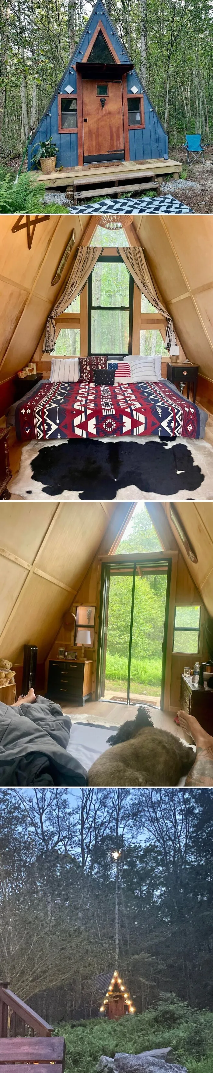 Cozy off-grid cabin in the woods with rustic interior, nature views, and peaceful outdoor setting surrounded by trees.