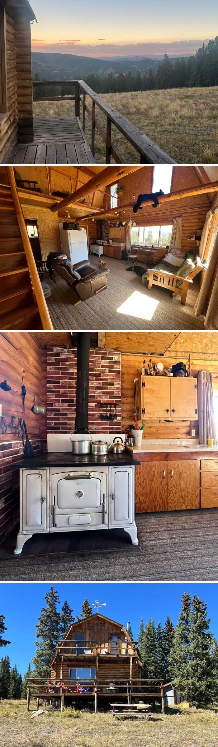 Cozy off-grid cabin interior and exterior with wood stove, rustic furnishings, and mountain views at sunset in a forest setting.
