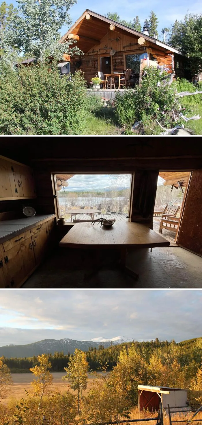 Cozy off-grid cabin exterior and interior with rustic wooden furniture overlooking autumn forest and mountain views.