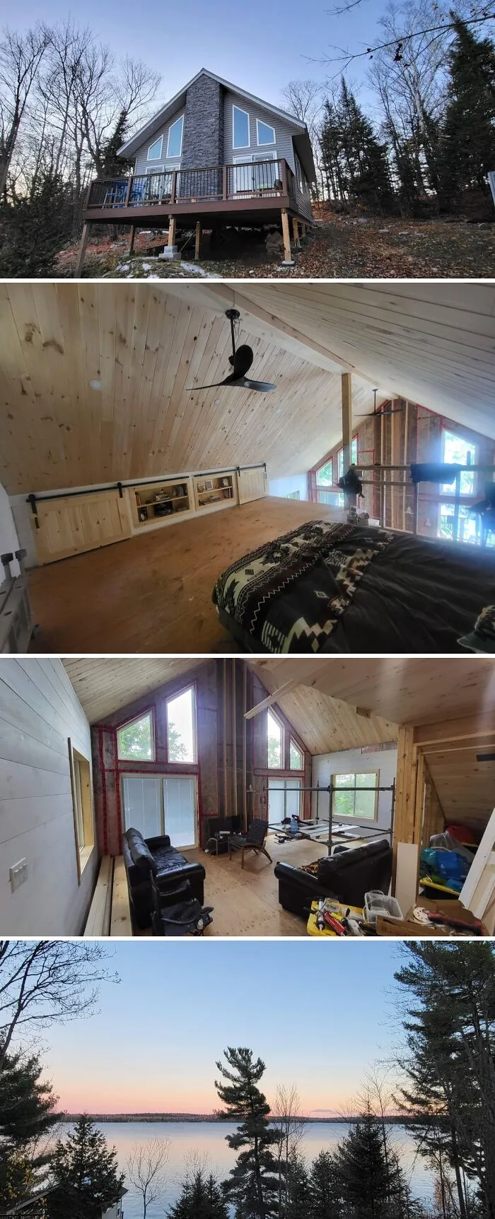 Cozy off-grid cabin with wooden interior, loft bedroom, living area, and lake view surrounded by trees at sunset.