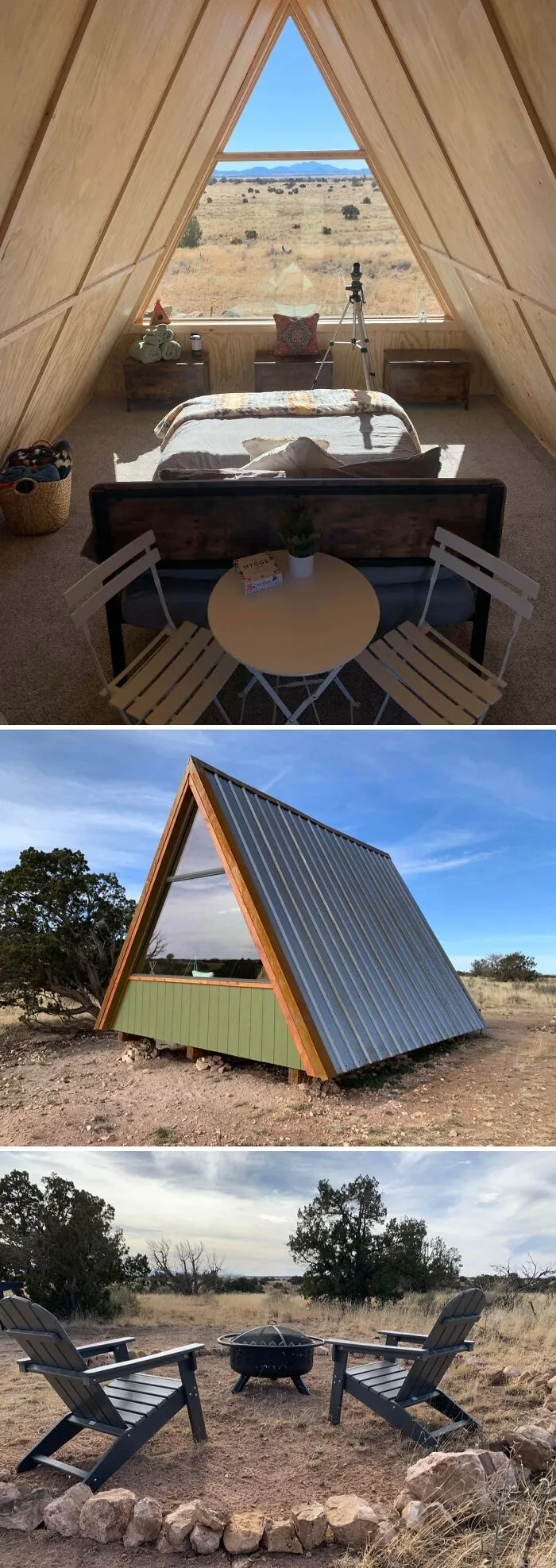 Cozy off-grid cabin with wooden A-frame interior, large window view, and outdoor fire pit seating in a remote natural setting.