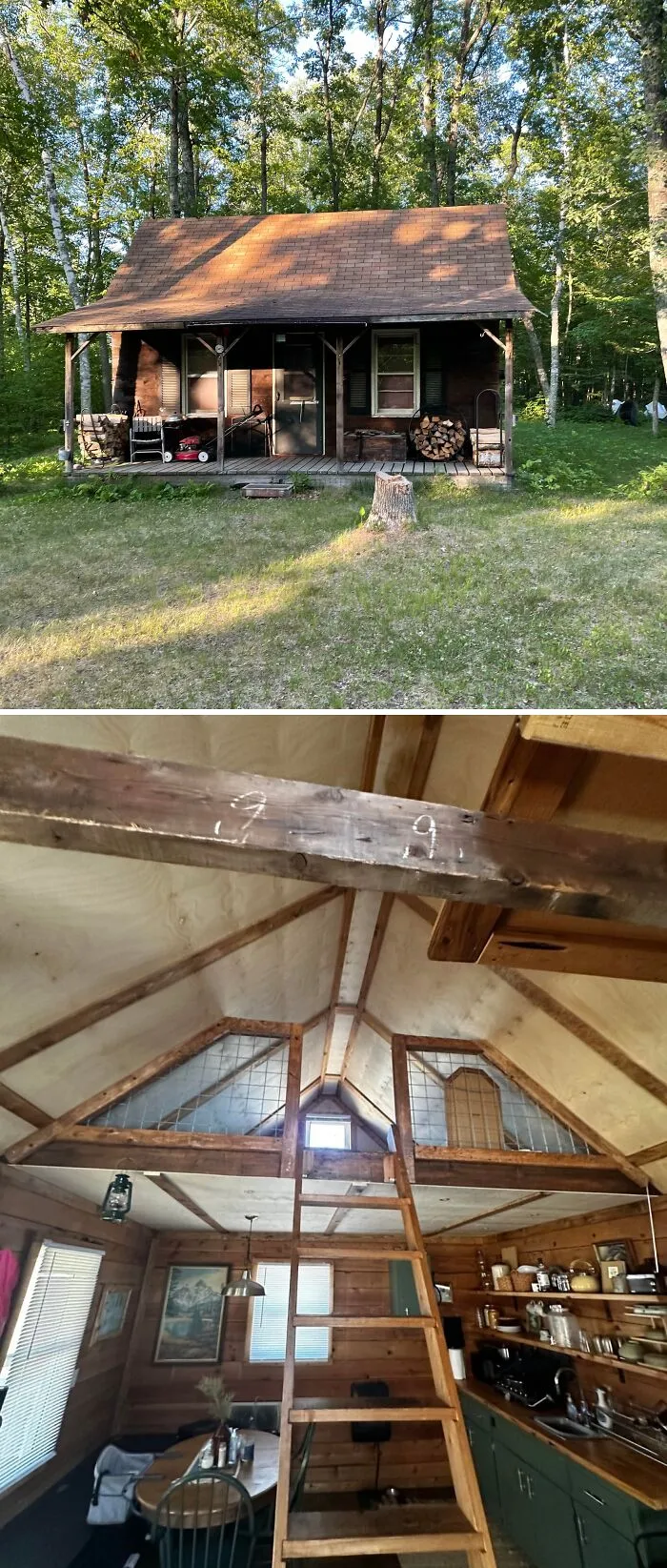 Cozy off-grid cabin exterior in a forest and rustic interior with wooden loft, kitchen, and dining area designed for simple living.