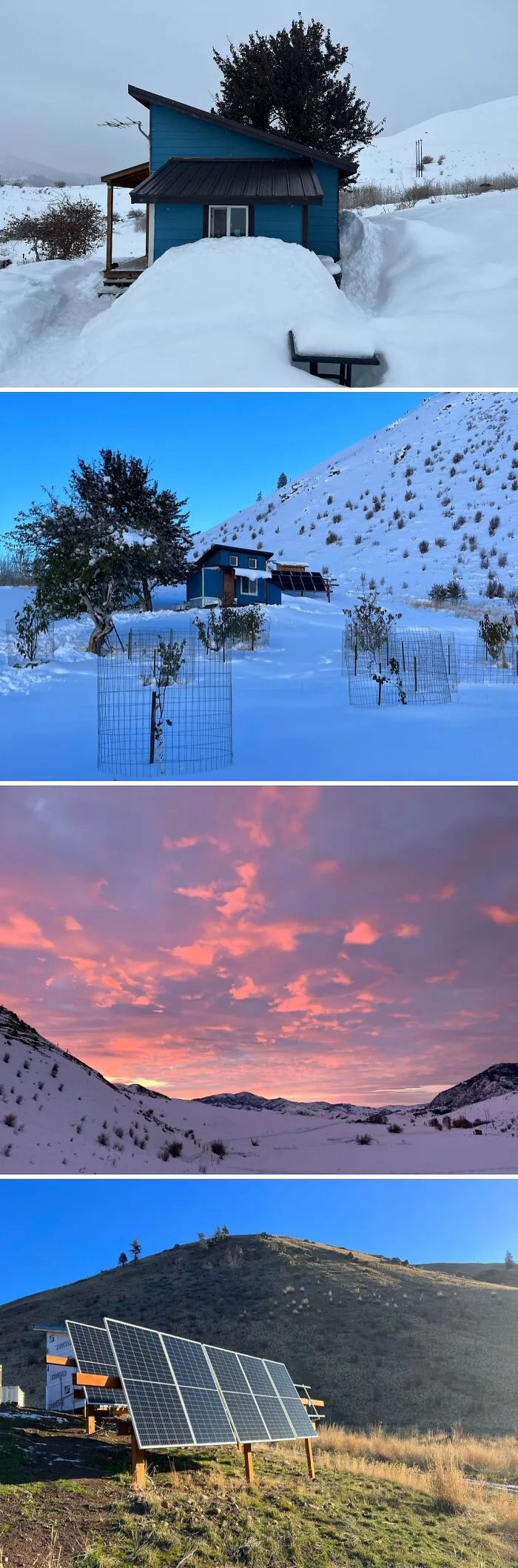 Cozy off-grid cabins covered in snow with solar panels in a mountainous winter landscape at sunset and daytime.