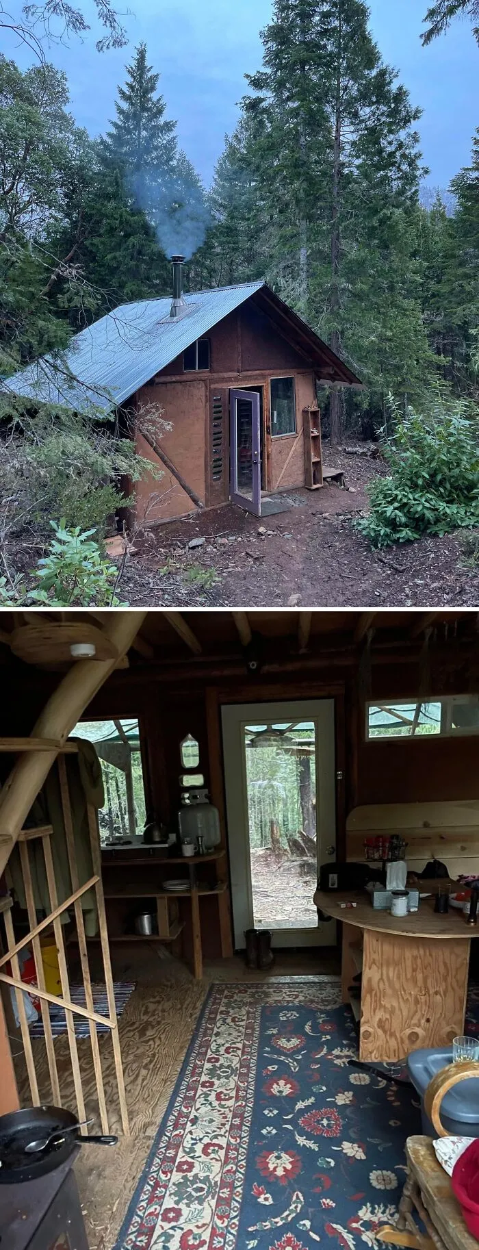 Cozy off-grid cabin with smoke from chimney in dense forest and rustic wooden interior with kitchen and seating area.