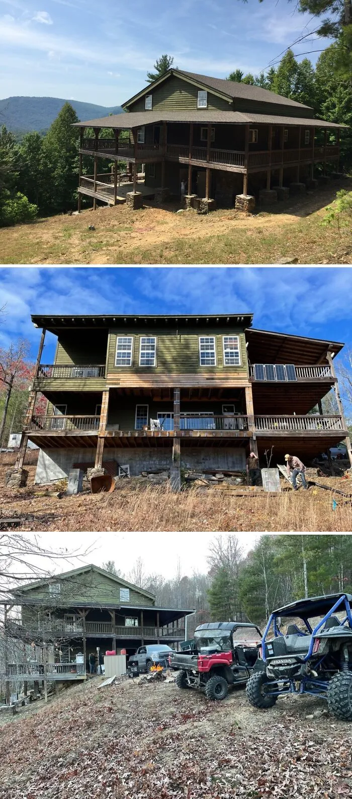 Cozy off-grid cabins surrounded by trees and mountains with wraparound porches and outdoor recreational vehicles.