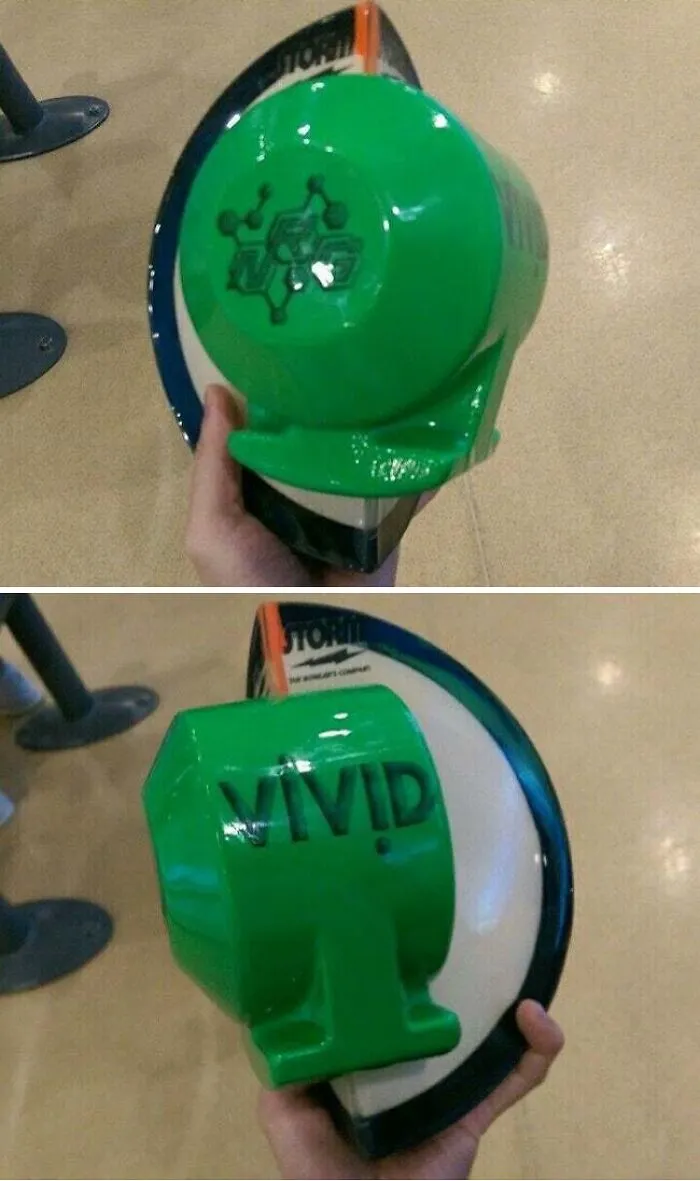 Close-up images showing the insides of a green and white VIVID branded object held by a hand.