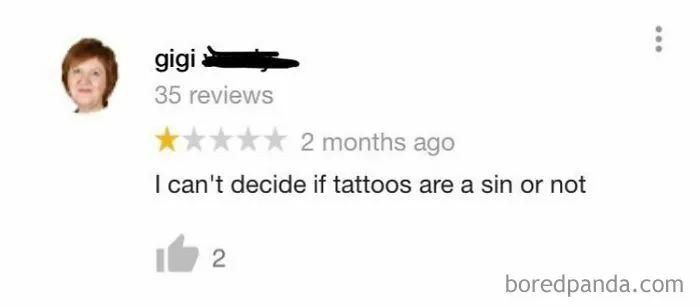 Screenshot of a funny 1-star review questioning if tattoos are a sin, highlighting ridiculous and humorous customer feedback.