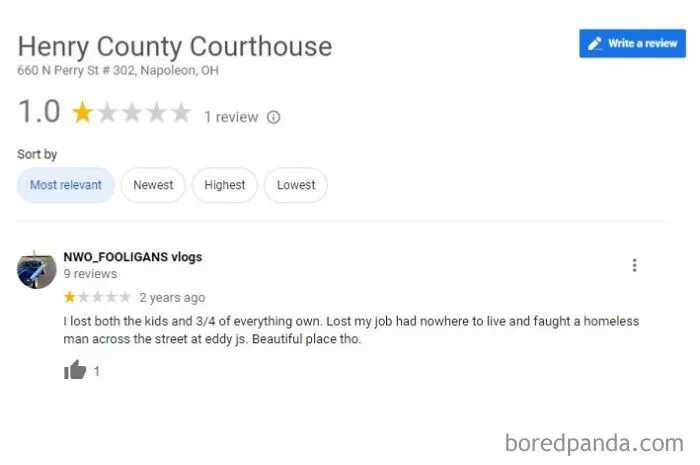 Google review of Henry County Courthouse showing a 1-star funny and ridiculous 1-star review left by a user.