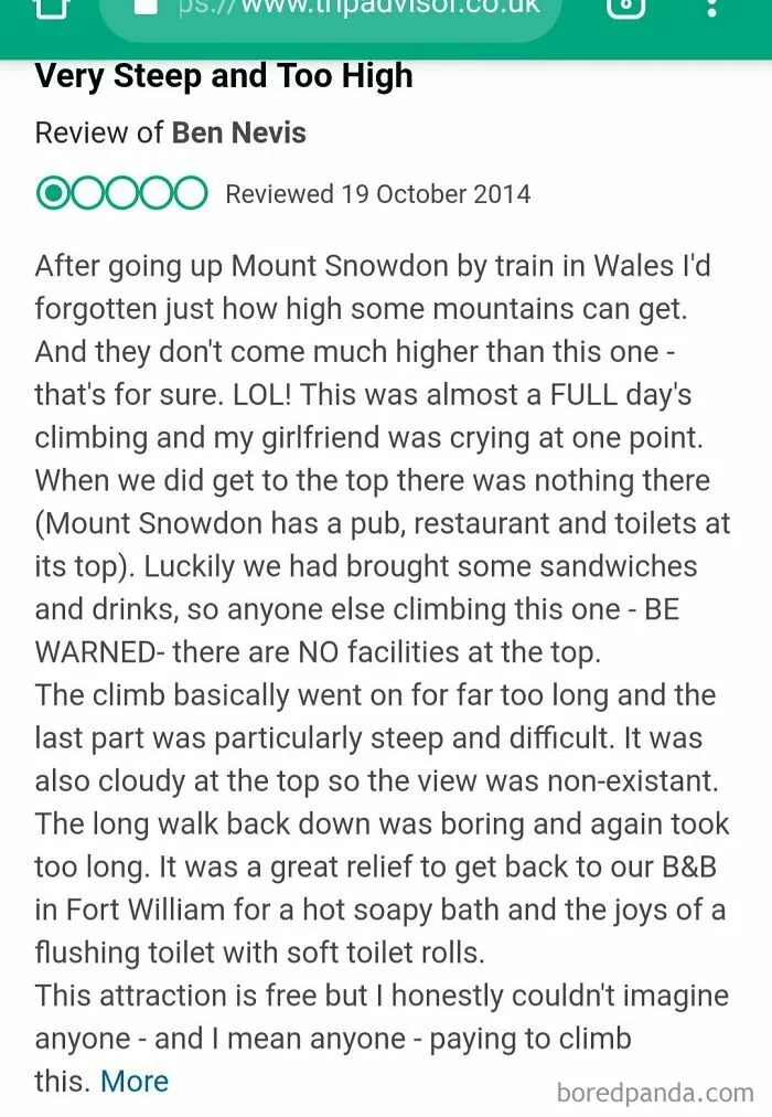 Screenshot of a funny and ridiculous 1-star review complaining about a steep mountain climb and lack of facilities at the top.