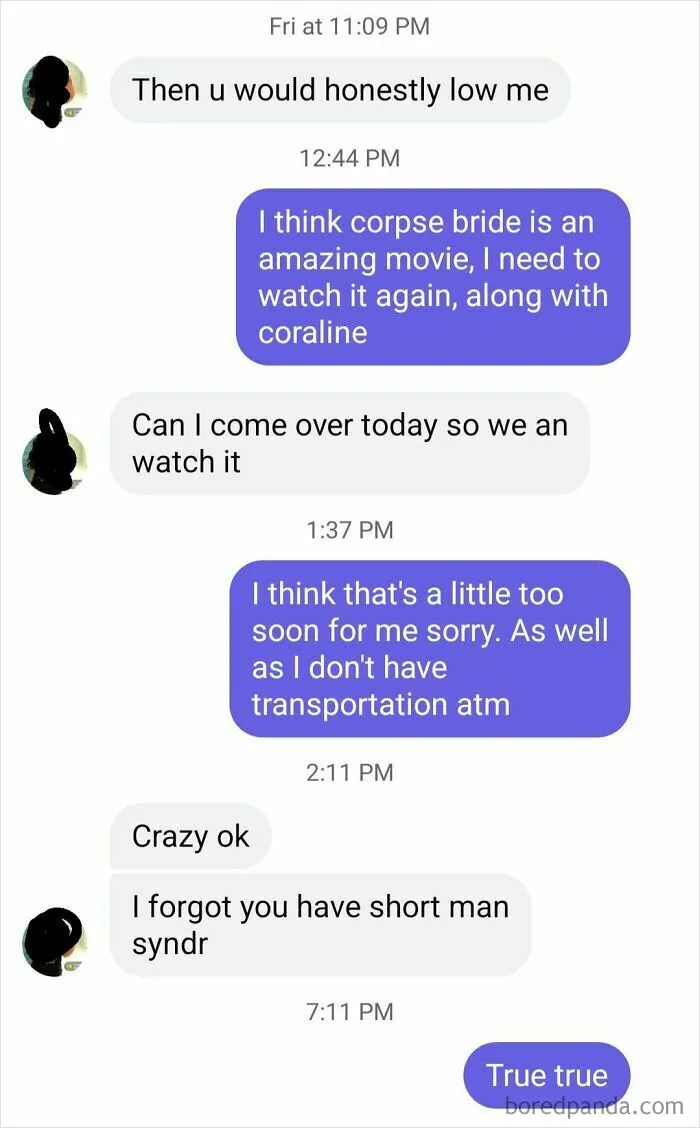 Text message conversation showing women called out online for delusional and crazy behavior in casual chat exchange.