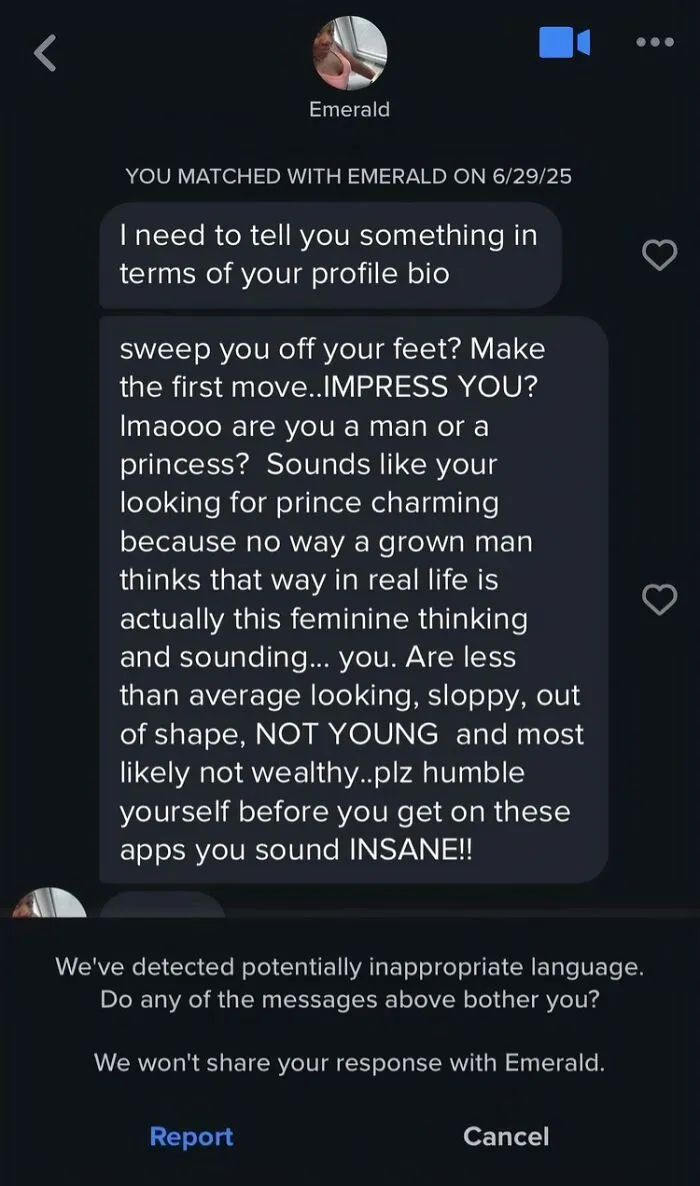 Screenshot of a dating app message showing online calling out for delusional and crazy behavior by a woman.