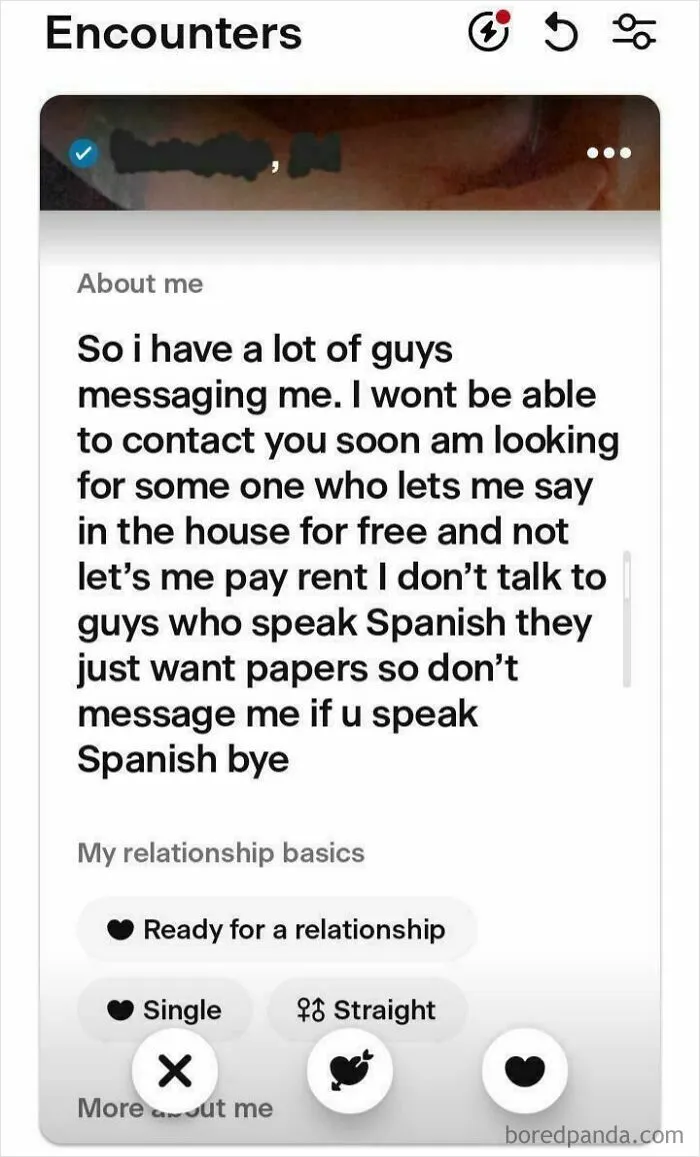 Screenshot of a dating profile with delusional and crazy behavior shown in the personal message section on a dating app.