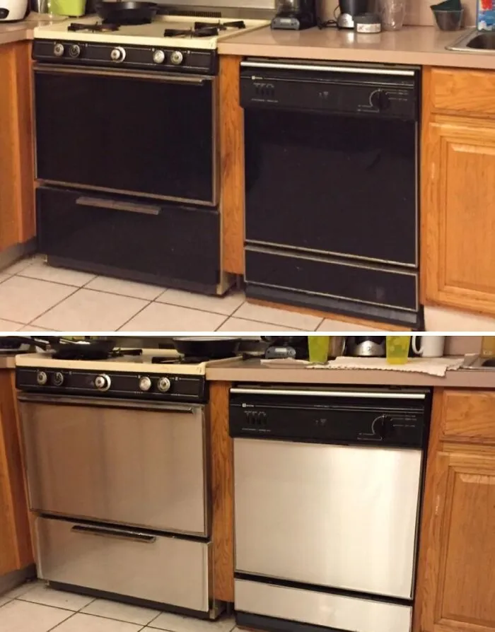 The 1990s Called And They Want Their Almond-Colored Dishwasher Back, So You Should Probably Cover It With <a Style="Display:inline;" Href="Https://Www.amazon.com/Tact-Brand-Self-Adhesive-18-Inches-Stainless/Dp/B001v98irq?ie=utf8&th=1&linkcode=ll1&tag=bpbuffalo-20&linkid=20ec45a82991a63ad96387cdb781cebe&language=en_us&ref_=as_li_ss_tl" Target="_blank"> <span Style="Font: Inherit; Color: #d74b1f;"> Aluminium Contact Paper For Apliances </Span>