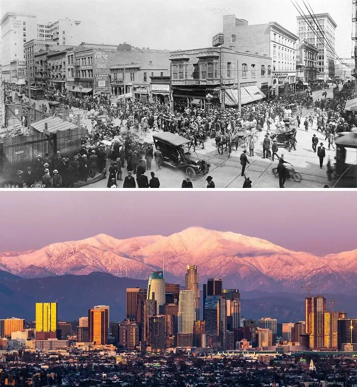 Then vs now photos of famous cities showing historic street view and modern skyline with mountains in the background.
