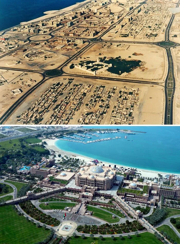 Aerial view showing dramatic glow-ups of a famous city’s landscape from barren desert to lush greenery and developed coastline.