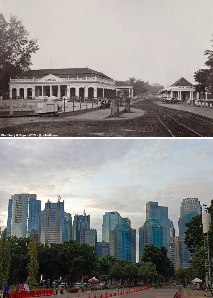 Then vs now photos showing glow-ups of famous cities with historic buildings and modern skyscraper skyline views.