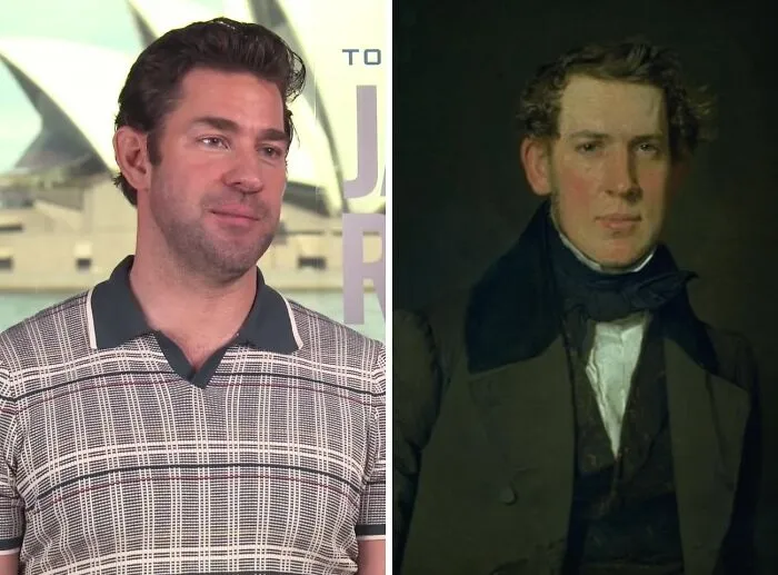 Actor in a modern polo shirt beside an old painted portrait showing a celebrity and their lookalike from the past.