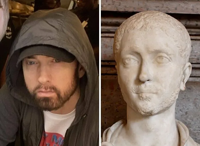 Eminem wearing a hooded jacket next to an ancient marble bust showing celebrity lookalikes from the past.
