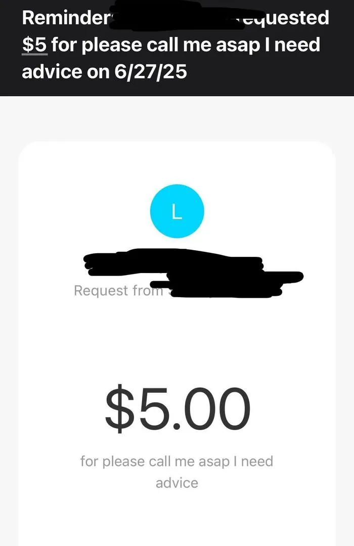 Screenshot of a $5 payment request related to a delusional and crazy online behavior controversy involving a woman.