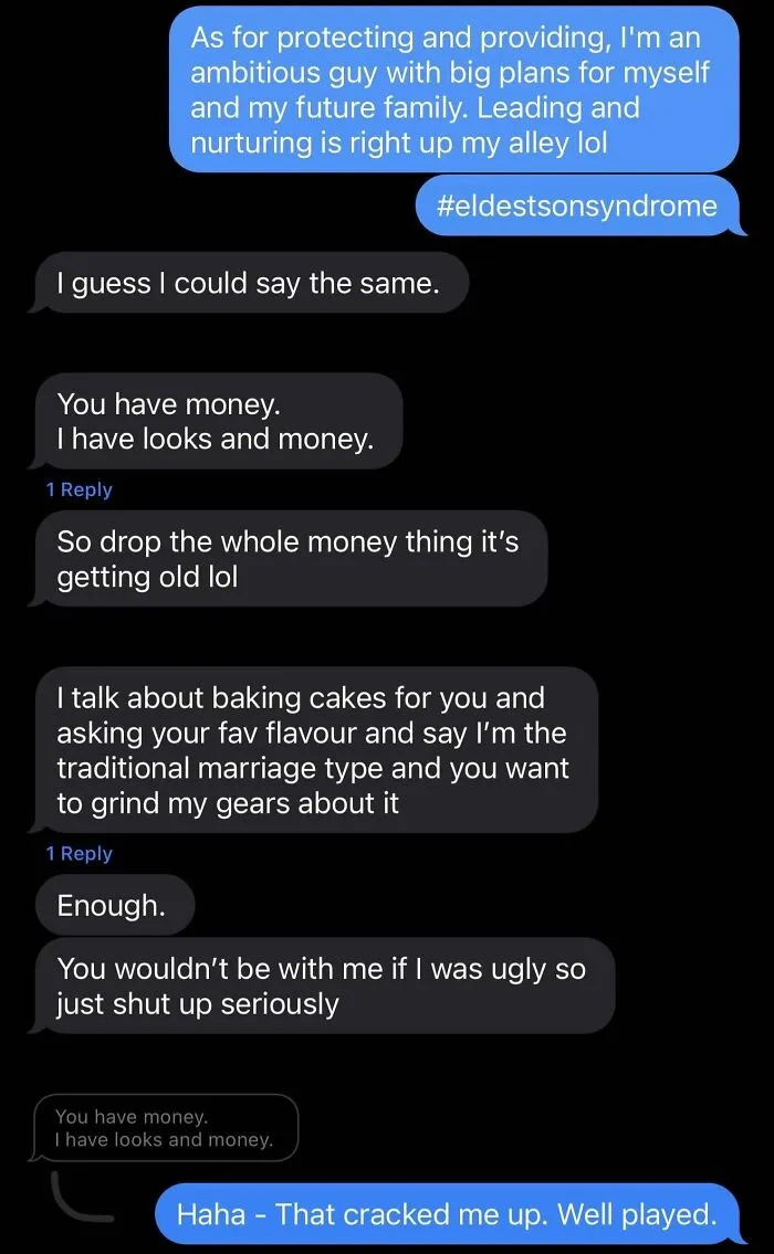 Text message exchange showing delusional and crazy behavior between two people arguing about money and looks online.